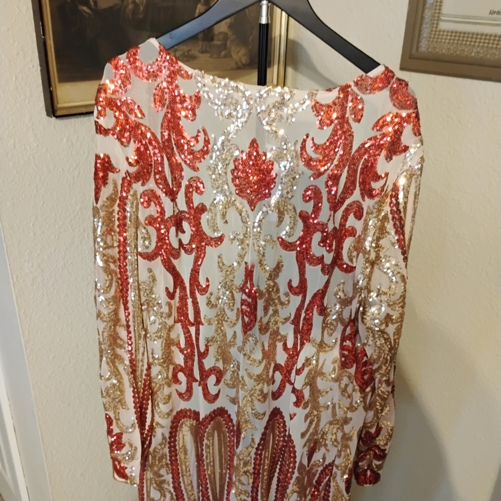Southern Fried Chics Women's Size XXXL Red & Gold Sequin Duster Kimono - Picture 4 of 8